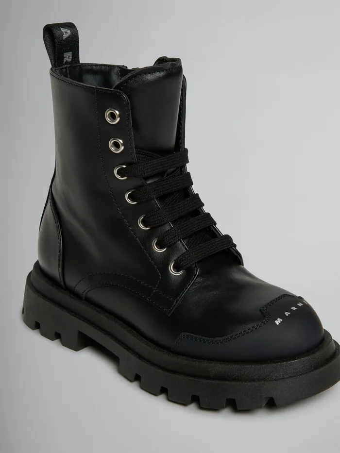 Black Leather Combat Boot Kids Marni