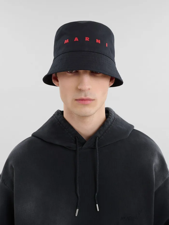 Black Organic Gabardine Bucket Hat With Embroidered Logo Men Marni Hats