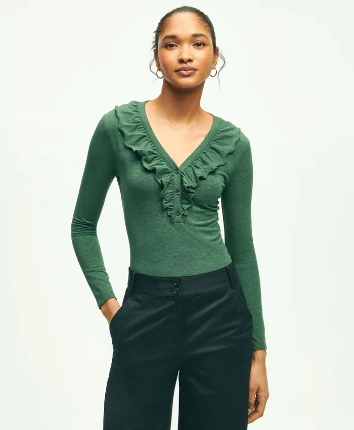 Blouses andamp Shirts Women Brooks Brothers Long Sleeve Cotton Modal Ruffled Top Dark Green Heather Blouses andamp Shirts Women Brooks Brothers Long Sleeve Cotton Modal Ruffled Top Dark Green Heather