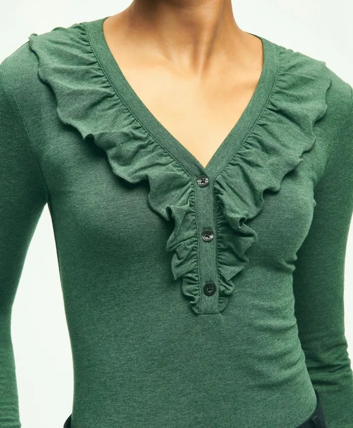 Blouses andamp Shirts Women Brooks Brothers Long Sleeve Cotton Modal Ruffled Top Dark Green Heather