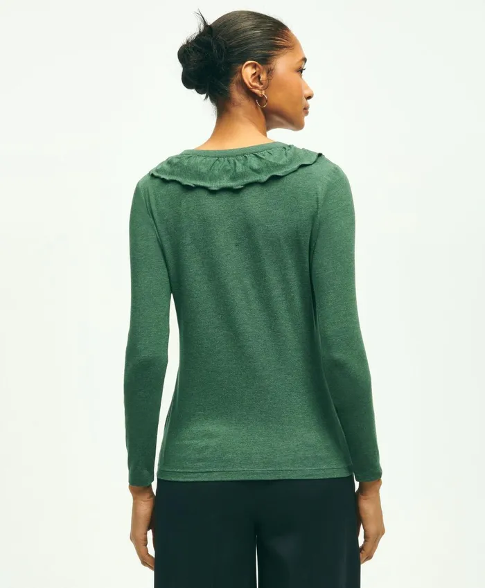 Blouses andamp Shirts Women Brooks Brothers Long Sleeve Cotton Modal Ruffled Top Dark Green Heather