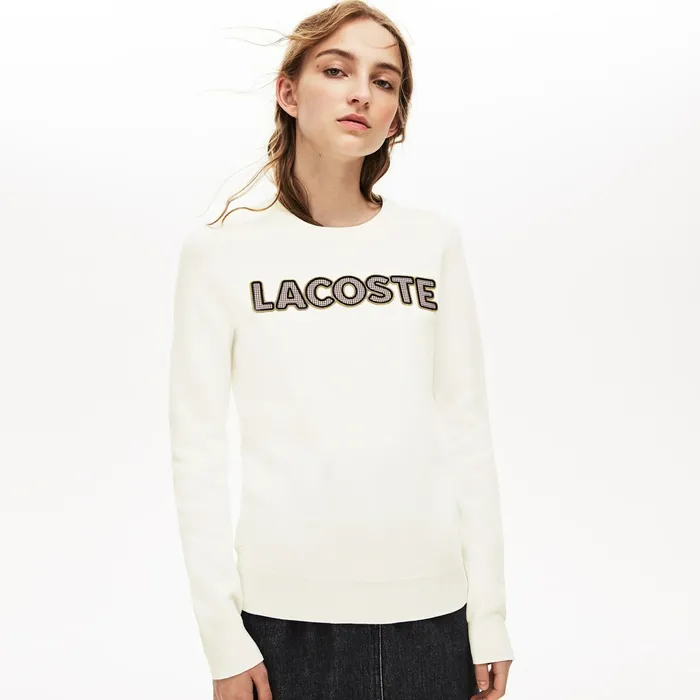 Crewneck CheckerdLogo Cotton Sweater White Womens Lacoste Sweaters and Sweatshirts Outlet Factory