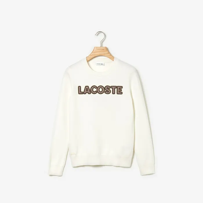 Crewneck CheckerdLogo Cotton Sweater White Womens Lacoste Sweaters and Sweatshirts Outlet Factory