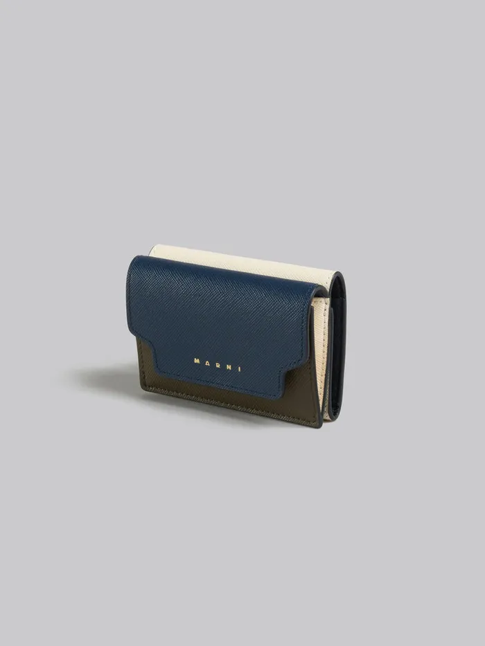 Deep Blue Cream And Green Saffiano Leather Trifold Wallet Women Marni Wallets and Small Leather Goods