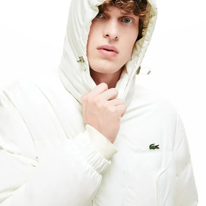 Detachable Hood WaterResistant Quilted Jacket White Mens Lacoste Jackets and Coats Online Store