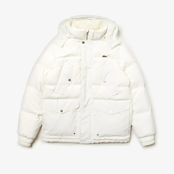Detachable Hood WaterResistant Quilted Jacket White Mens Lacoste Jackets and Coats Online Store