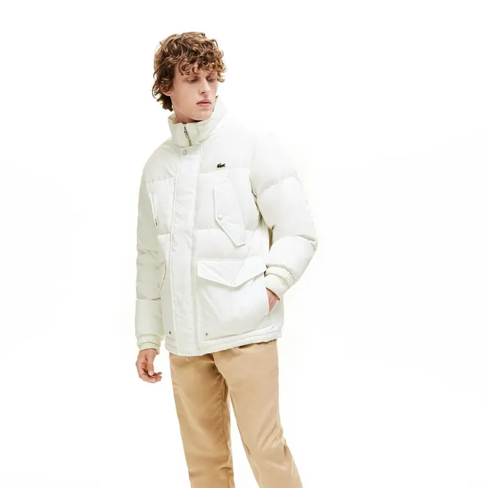 Detachable Hood WaterResistant Quilted Jacket White Mens Lacoste Jackets and Coats Online Store