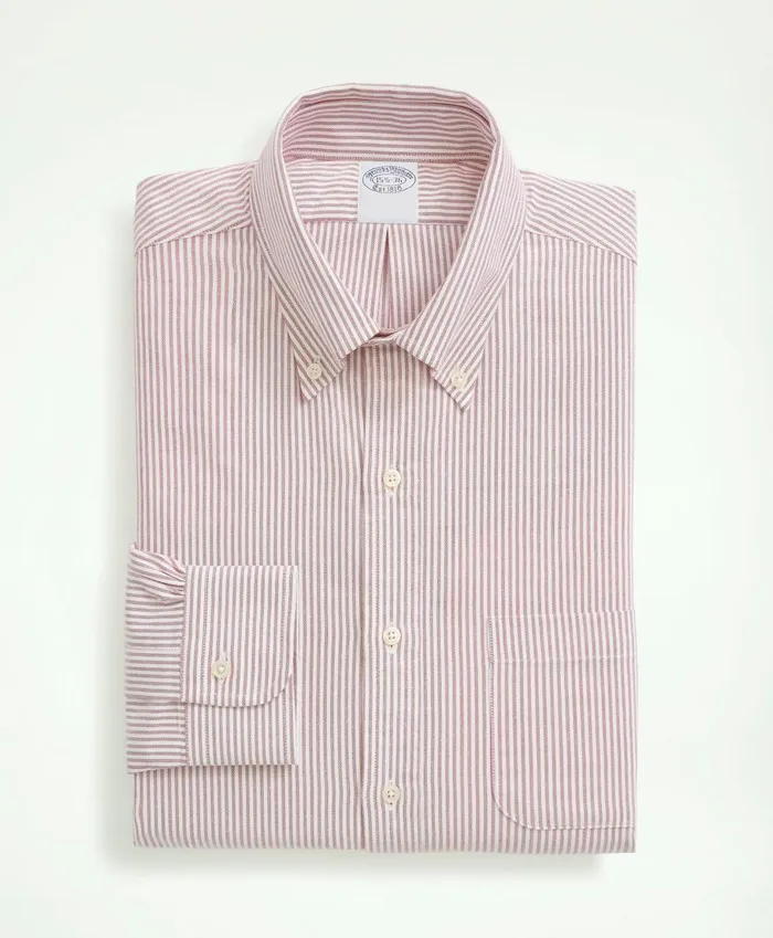 Dress Shirts Men Brooks Brothers AmericanMade Oxford Cloth ButtonDown Stripe Dress Shirt Red