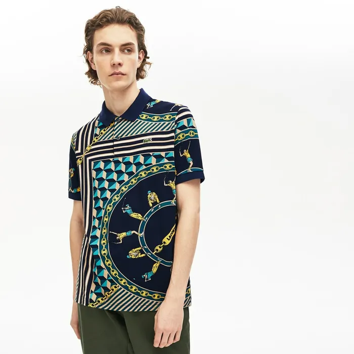 LIVE ScarfPrint Cotton Piqu Polo Shirt Navy BlueWhite Mens Lacoste Polos Gift 4 You
