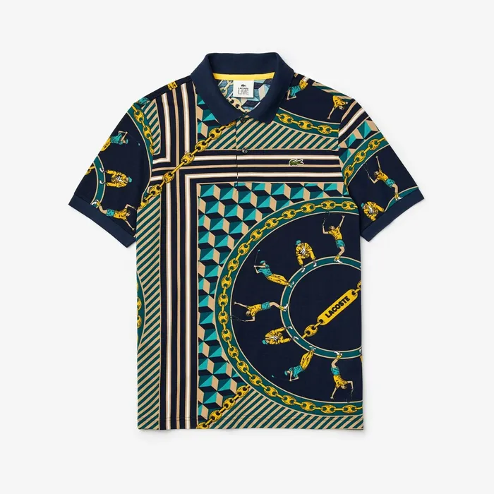 LIVE ScarfPrint Cotton Piqu Polo Shirt Navy BlueWhite Mens Lacoste Polos Gift 4 You
