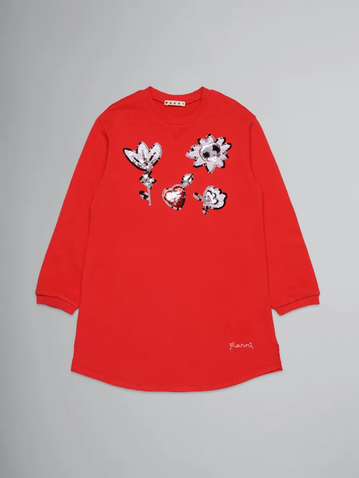 Red Fleece Dress With Sequined Flowers Kids Marni