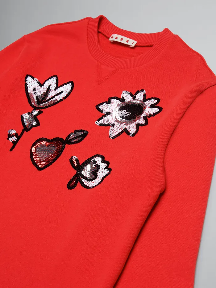 Red Fleece Dress With Sequined Flowers Kids Marni
