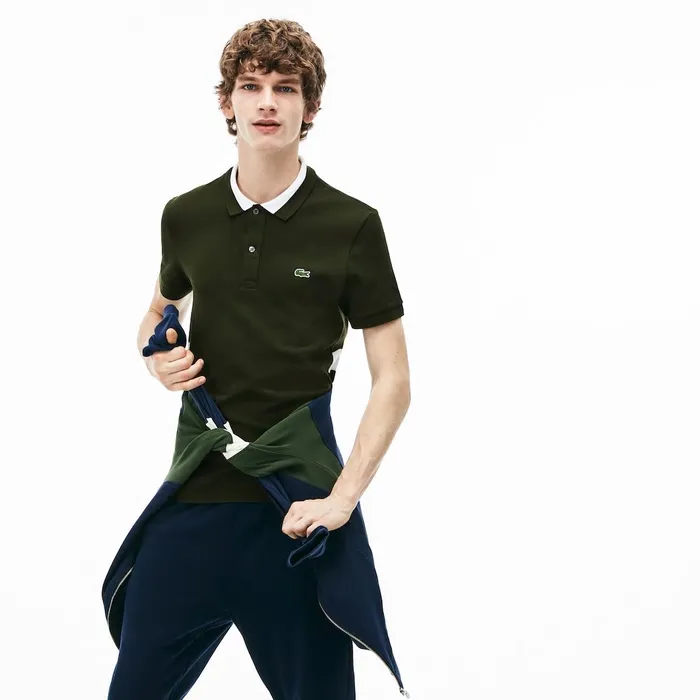Regular Fit Petit Piqu Polo Khaki GreenWhite Mens Lacoste Polos Outlet Factory