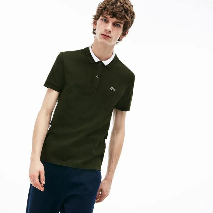 Regular Fit Petit Piqu Polo Khaki GreenWhite Mens Lacoste Polos Outlet Factory