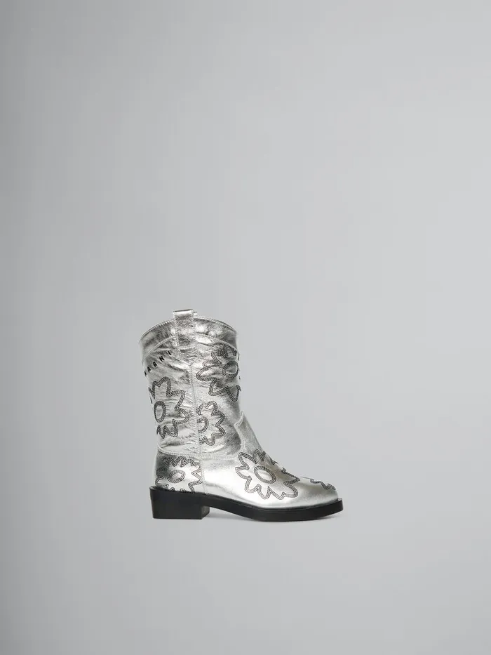 Silver Leather Cowboy Boot With Embroidered Patch Detail Kids Marni
