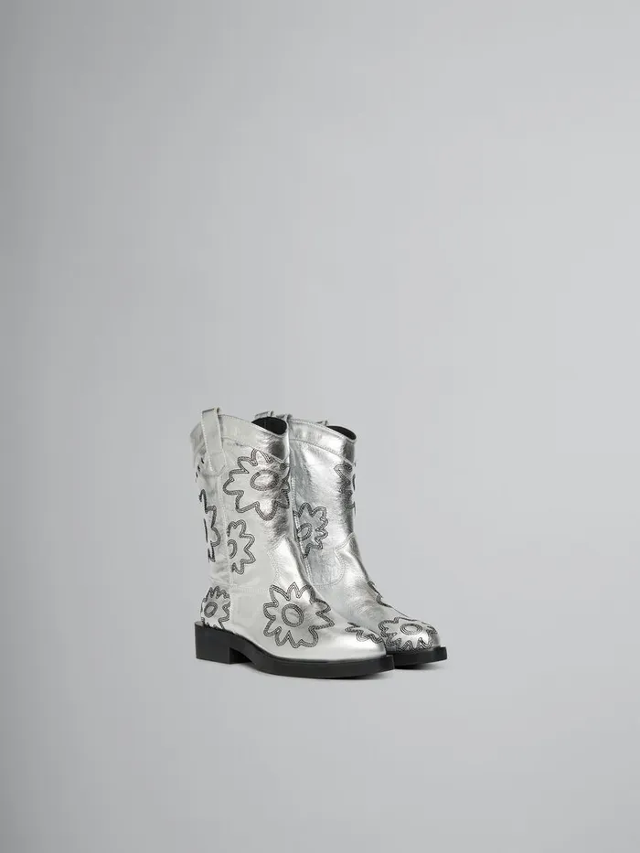 Silver Leather Cowboy Boot With Embroidered Patch Detail Kids Marni