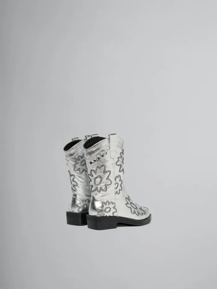 Silver Leather Cowboy Boot With Embroidered Patch Detail Kids Marni
