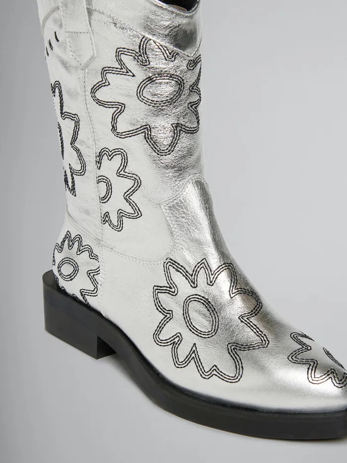 Silver Leather Cowboy Boot With Embroidered Patch Detail Kids Marni