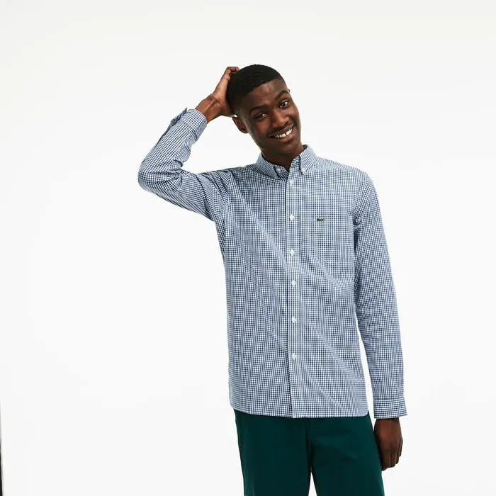 Slim Fit Gingham Stretch Cotton Poplin Shirt BlueWhite Mens Lacoste Button Down Shirts Store Slim Fit Gingham Stretch Cotton Poplin Shirt BlueWhite Mens Lacoste Button Down Shirts Store