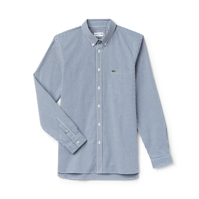 Slim Fit Gingham Stretch Cotton Poplin Shirt BlueWhite Mens Lacoste Button Down Shirts Store