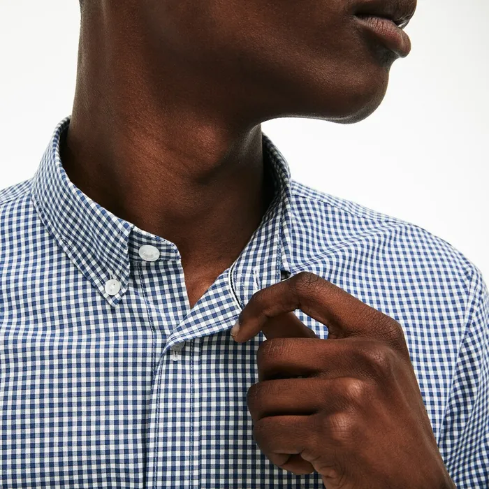 Slim Fit Gingham Stretch Cotton Poplin Shirt BlueWhite Mens Lacoste Button Down Shirts Store