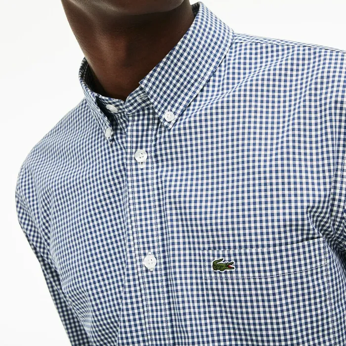 Slim Fit Gingham Stretch Cotton Poplin Shirt BlueWhite Mens Lacoste Button Down Shirts Store