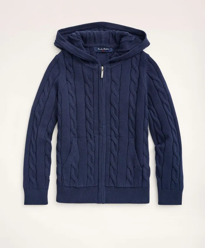 Sweaters Kids Brooks Brothers Boys Cotton Cable FrontZip Hoodie Navy