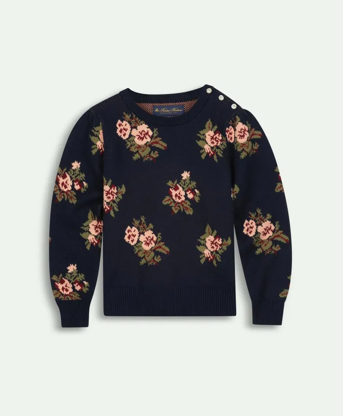 Tops Kids Brooks Brothers Girls Cotton Floral Intarsia Crewneck Sweater Navy