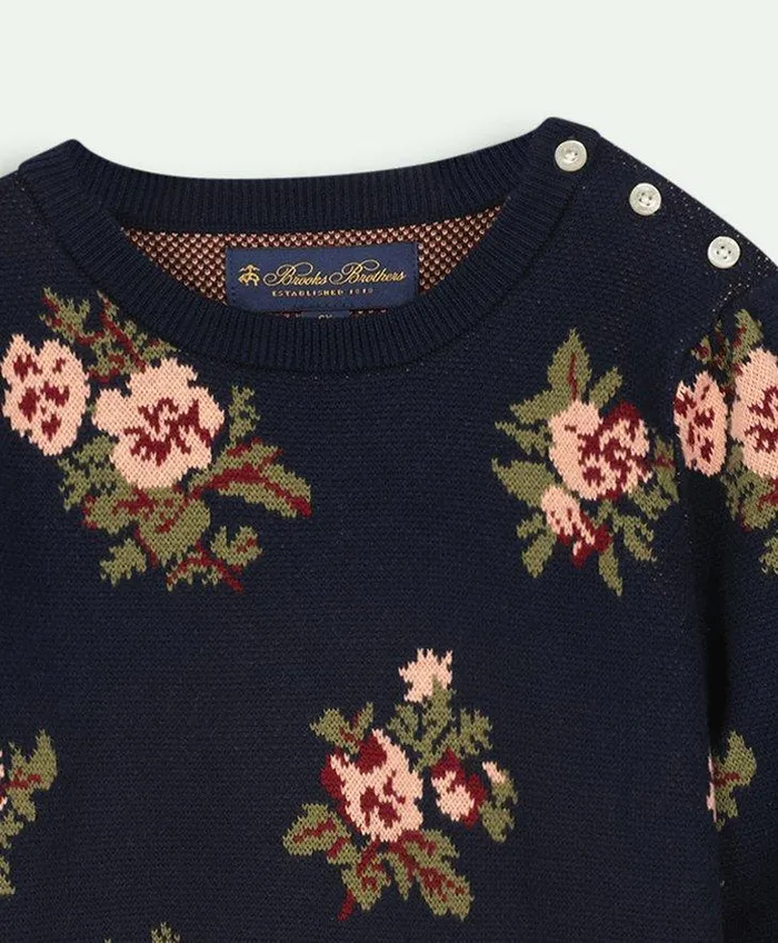 Tops Kids Brooks Brothers Girls Cotton Floral Intarsia Crewneck Sweater Navy