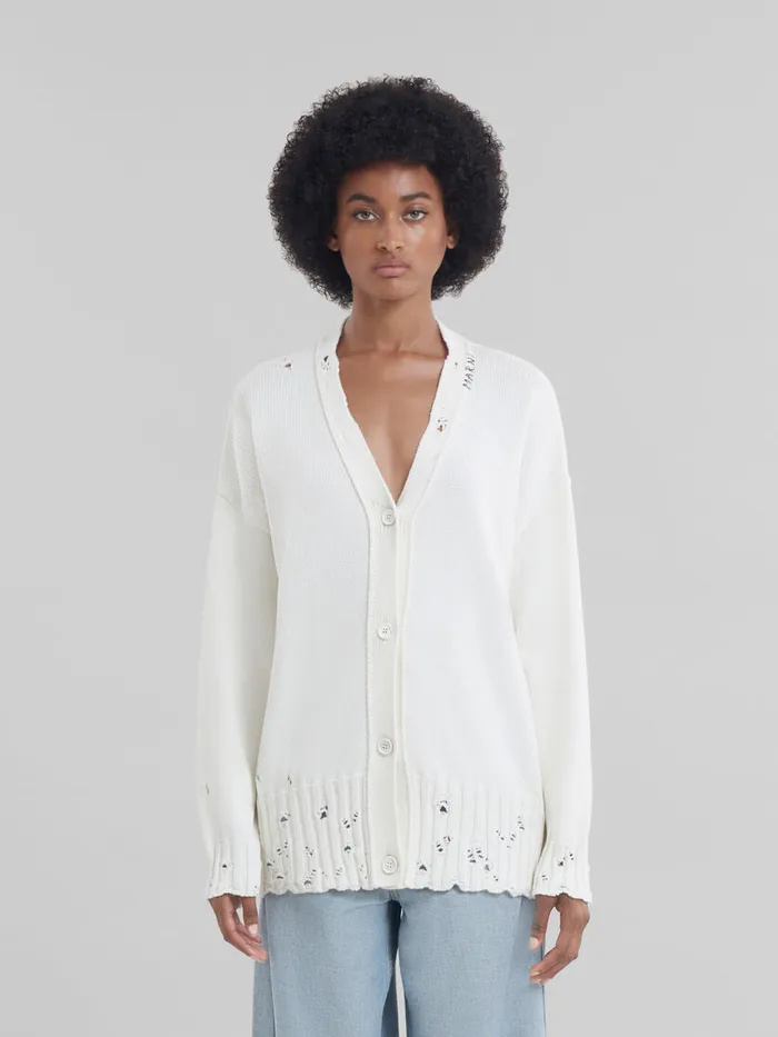 White Dishevelled Cotton Cardigan With Marni Mending Logo Women Marni Knitwear