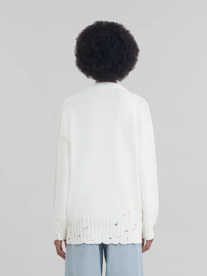 White Dishevelled Cotton Cardigan With Marni Mending Logo Women Marni Knitwear