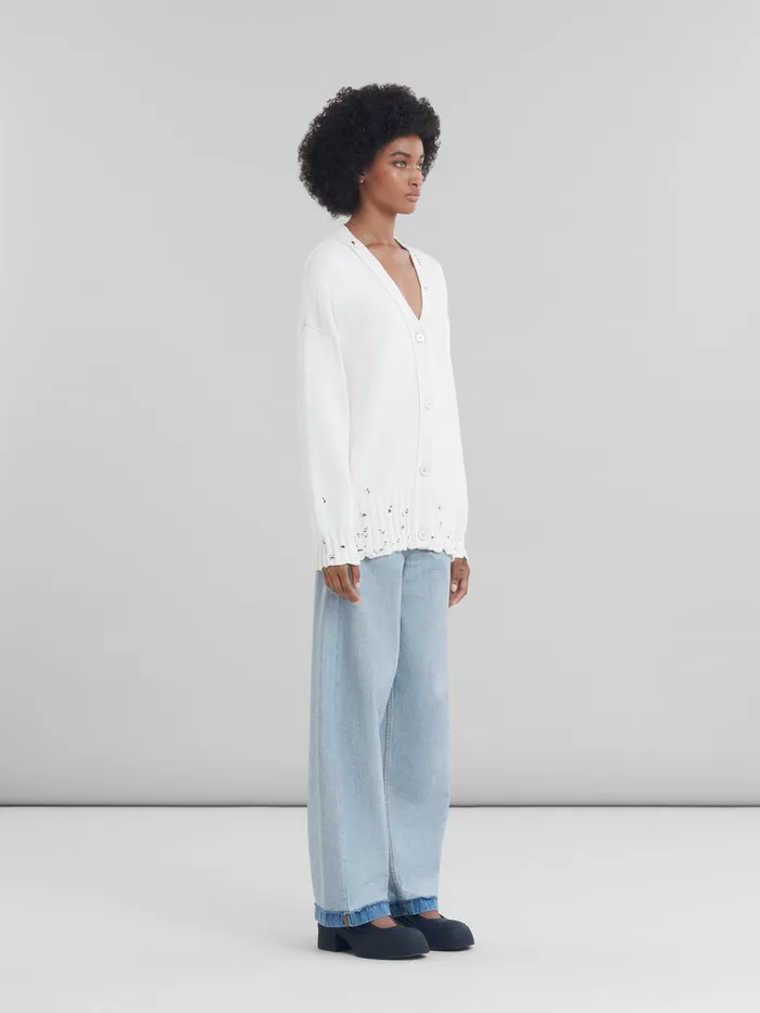 White Dishevelled Cotton Cardigan With Marni Mending Logo Women Marni Knitwear