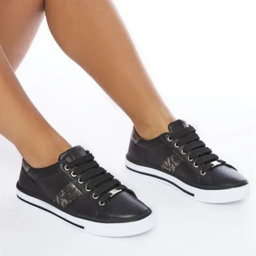 Alberry Black Snake Leather Women Moda In Pelle Casual Trainers