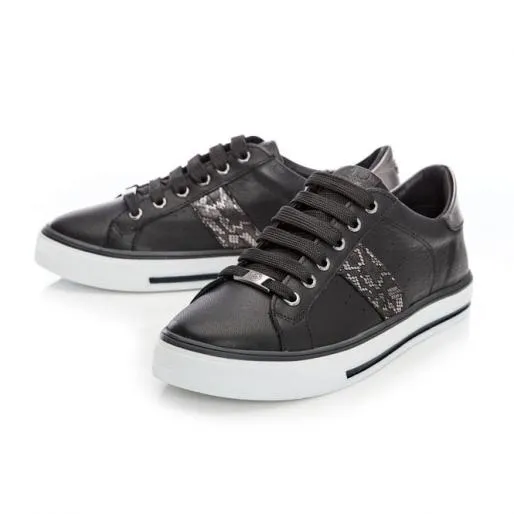 Alberry Black Snake Leather Women Moda In Pelle Casual Trainers