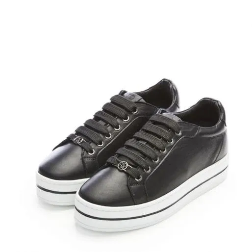 Alida Black Leather Women Moda In Pelle Chunky Trainers