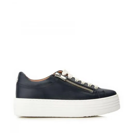 Azara Navy Leather Women Moda In Pelle Platform Trainers
