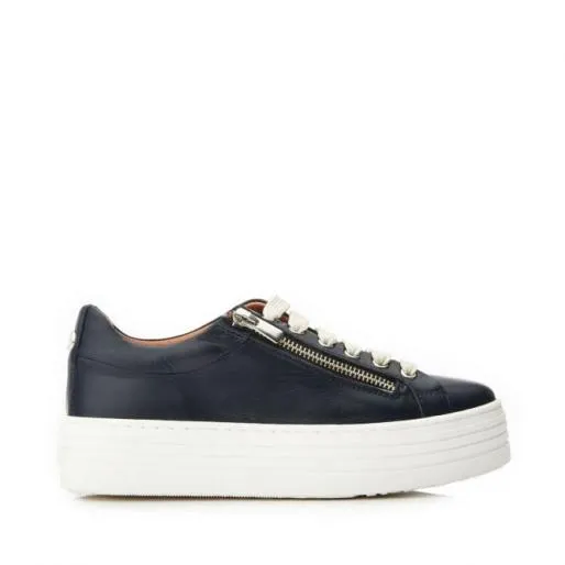 Azara Navy Leather Women Moda In Pelle Platform Trainers