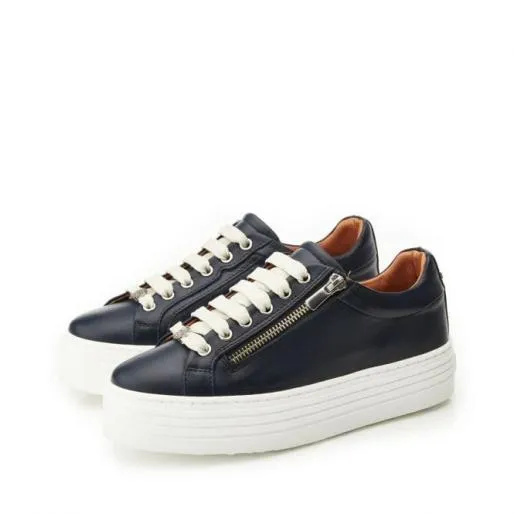 Azara Navy Leather Women Moda In Pelle Platform Trainers
