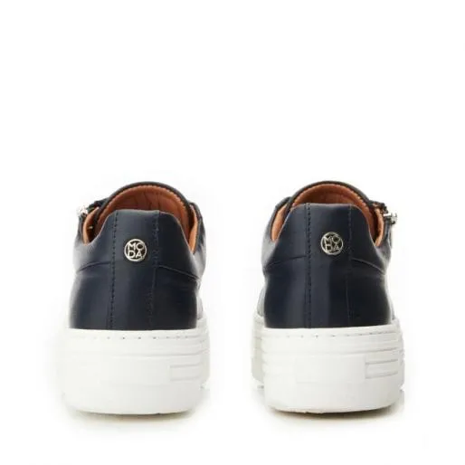 Azara Navy Leather Women Moda In Pelle Platform Trainers