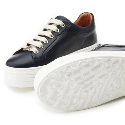 Azara Navy Leather Women Moda In Pelle Platform Trainers