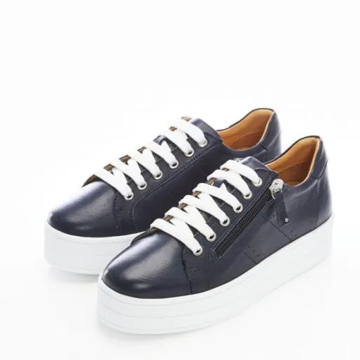 BGlazie Navy Leather Women Moda In Pelle Platform Trainers