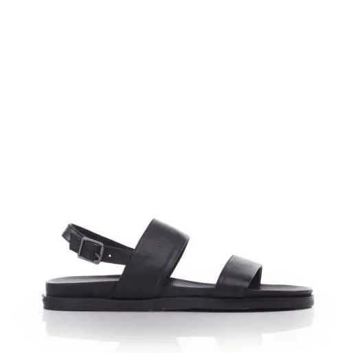BJune Black Leather Women Moda In Pelle Flat Sandals