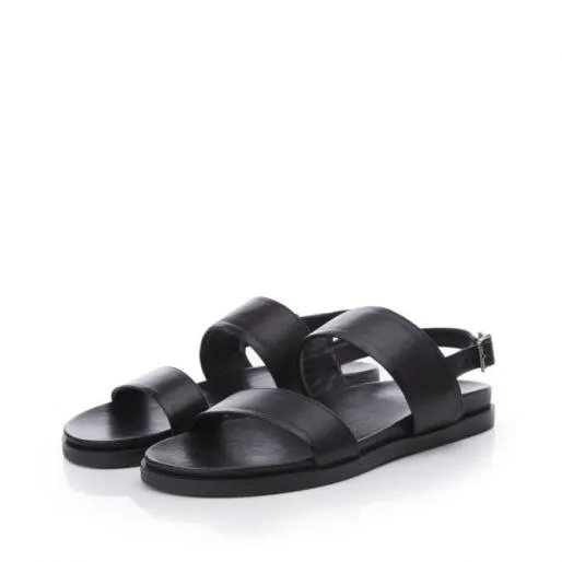 BJune Black Leather Women Moda In Pelle Flat Sandals