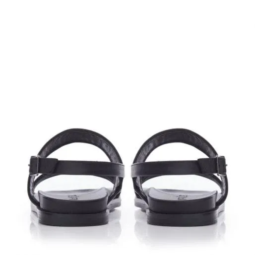 BJune Black Leather Women Moda In Pelle Flat Sandals