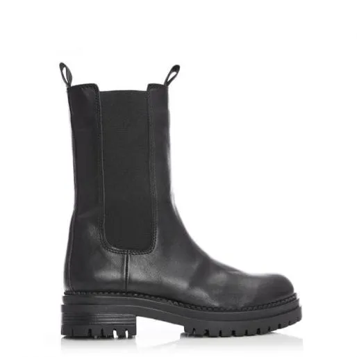 BTrendi Black Leather Women Moda In Pelle Chunky Boots