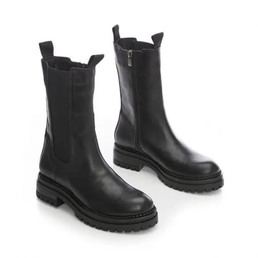 BTrendi Black Leather Women Moda In Pelle Chunky Boots