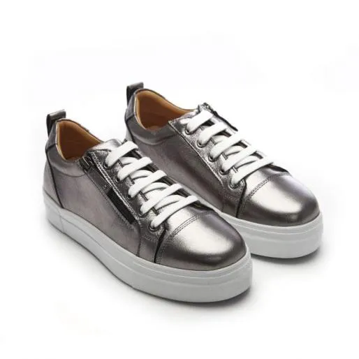 BVisti Pewter Leather Women Moda In Pelle Platform Trainers