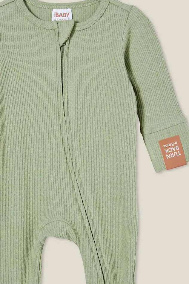 Baby Rompers and All In Ones Cotton On Organic Newborn Pointelle Zip Romper Deep Sage