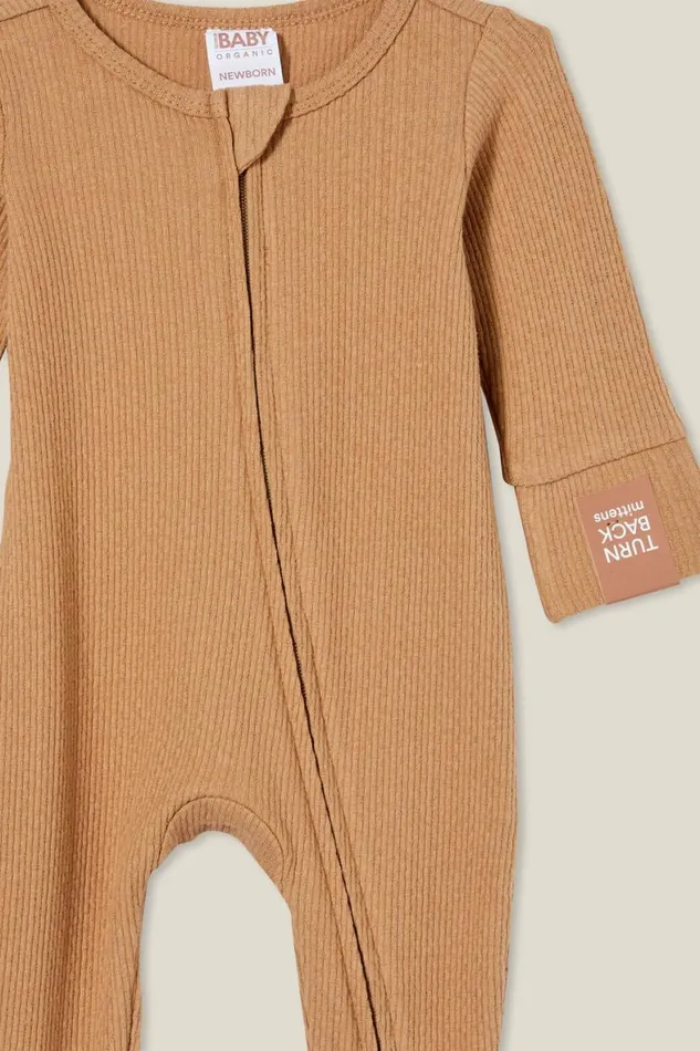 Baby Rompers and All In Ones Cotton On Organic Newborn Pointelle Zip Romper Taupy Brown