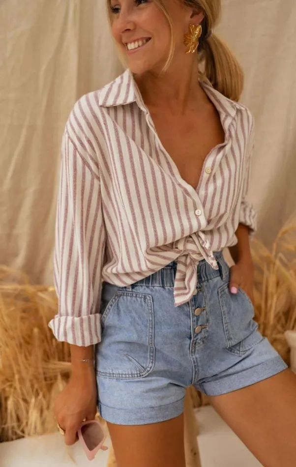 Easy Clothes Beige And Pink Striped LinenEffect Bertha Shirt Women039s Clothing Shirts Easy Clothes Beige And Pink Striped LinenEffect Bertha Shirt Women039s Clothing Shirts